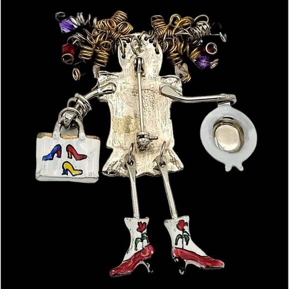 GANZ Carrette Enameled Metal Doll Brooch SHOPPING GIRL Wired Hair Moving Parts - Picture 5 of 5